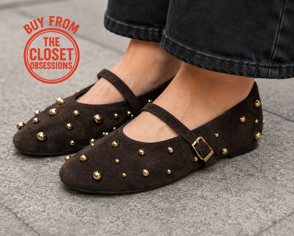 Zara NWT Brown Suede Studded Mary Jane Ballet Flats 7.5 8
